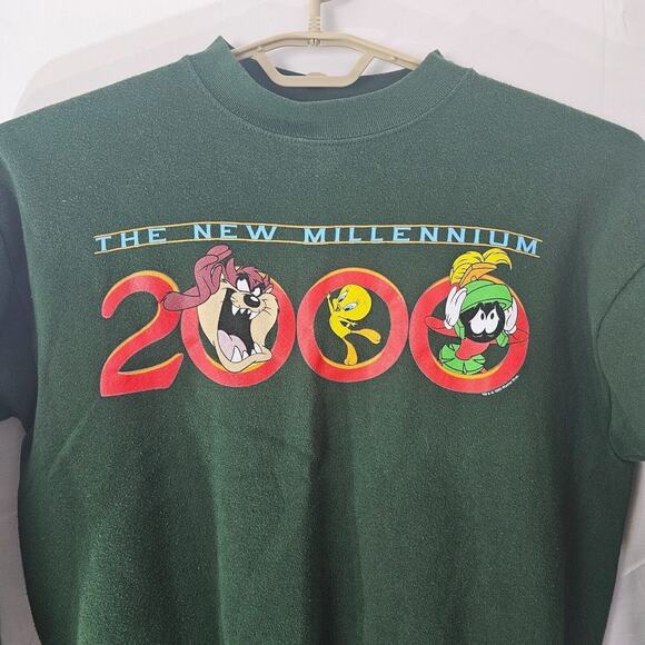 Vintage 1999 Looney Tunes New Millennium Sweatshirt M Pullover Green 2000 Tultex - Picture 2 of 9